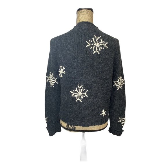 Marsh Landing Hand Knit Crew Snowflake Wool Blend Sweater Charcoal Gray M - Picture 4 of 12